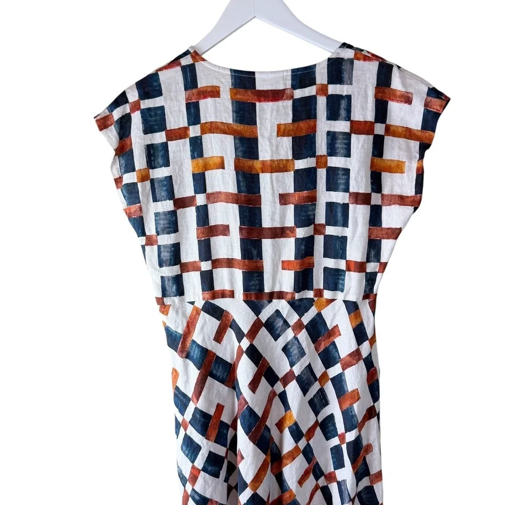 FOIL Linen Midi Dress Womens 6 Abstract Geometric Brushstroke‎ V-Neck Pockets